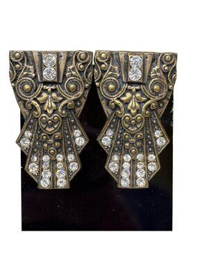 Antique Gold-Tone Rhinestone Dress Shoe Clips Pair Art Deco 1.5" Brass Victorian